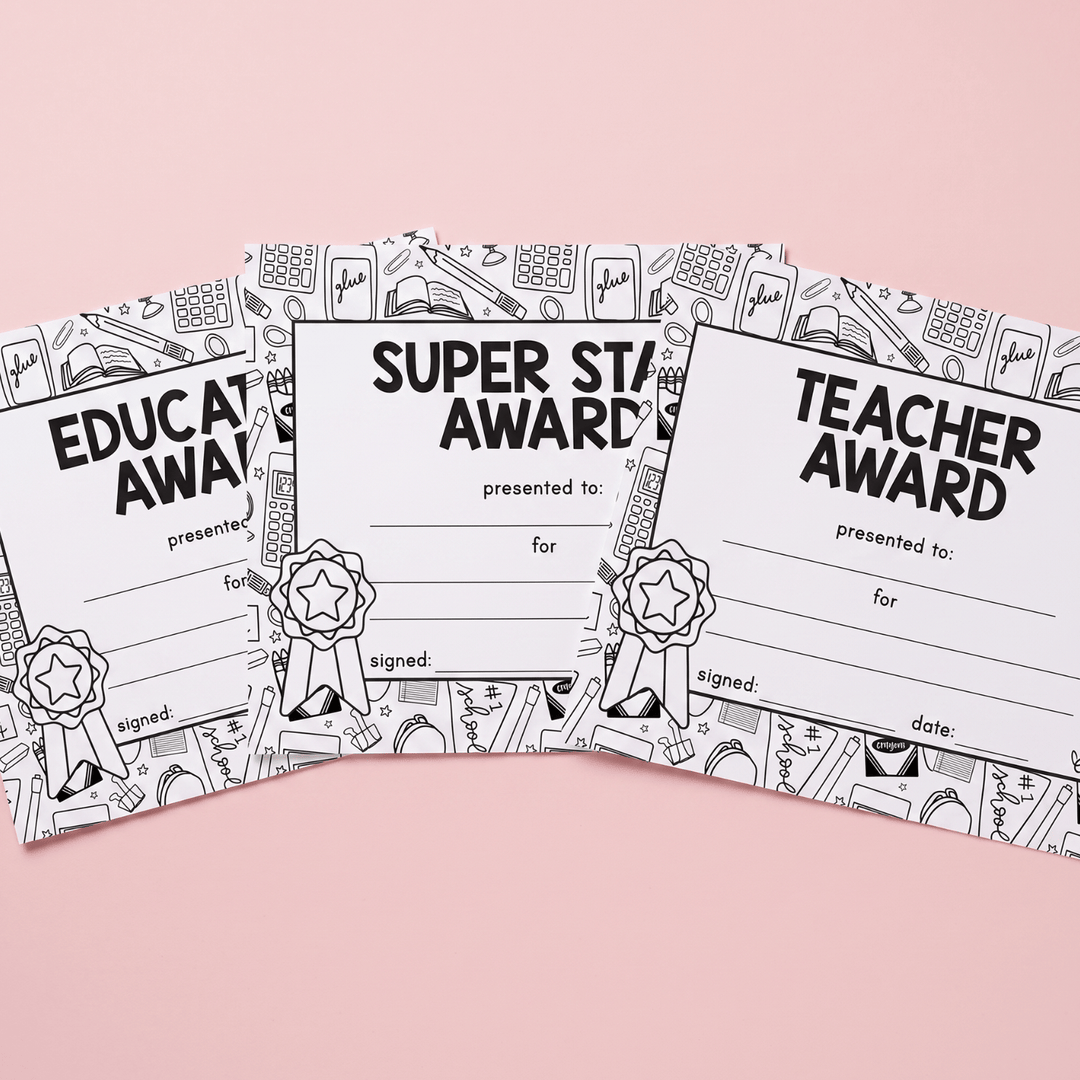 Blank teacher award certificate templates with classroom-themed borders and rosette medal designs, ready to fill in.