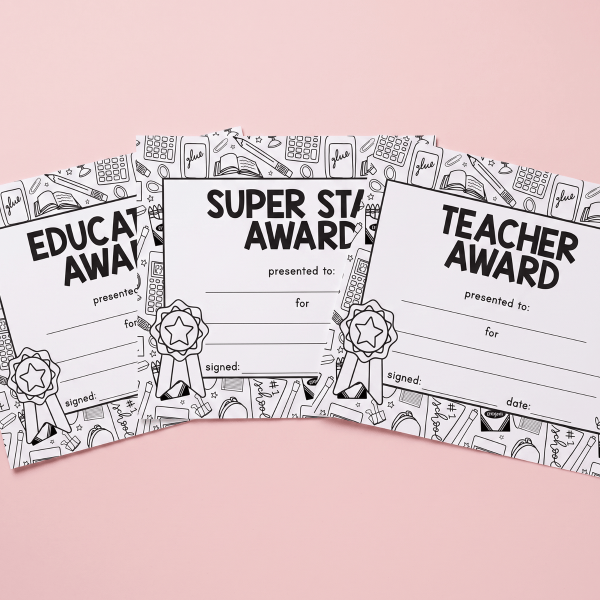 Blank teacher award certificate templates with classroom-themed borders and rosette medal designs, ready to fill in.