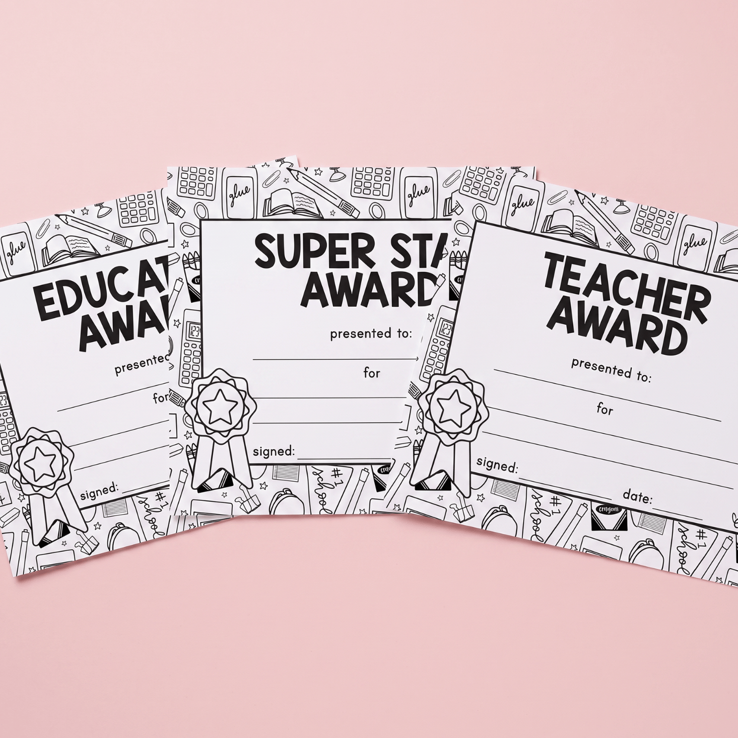 Blank teacher award certificate templates with classroom-themed borders and rosette medal designs, ready to fill in.