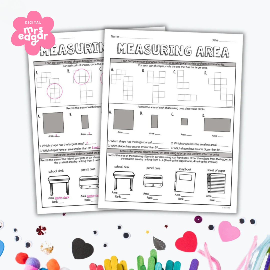 Two printable worksheets titled 'Measuring Area' for Year 2 mathematics. The worksheets feature tasks such as comparing shapes based on area, recording areas using uniform informal units, and ranking objects like a school desk and pencil case by size. Each worksheet includes visual aids such as grids and shaded shapes for calculating area.