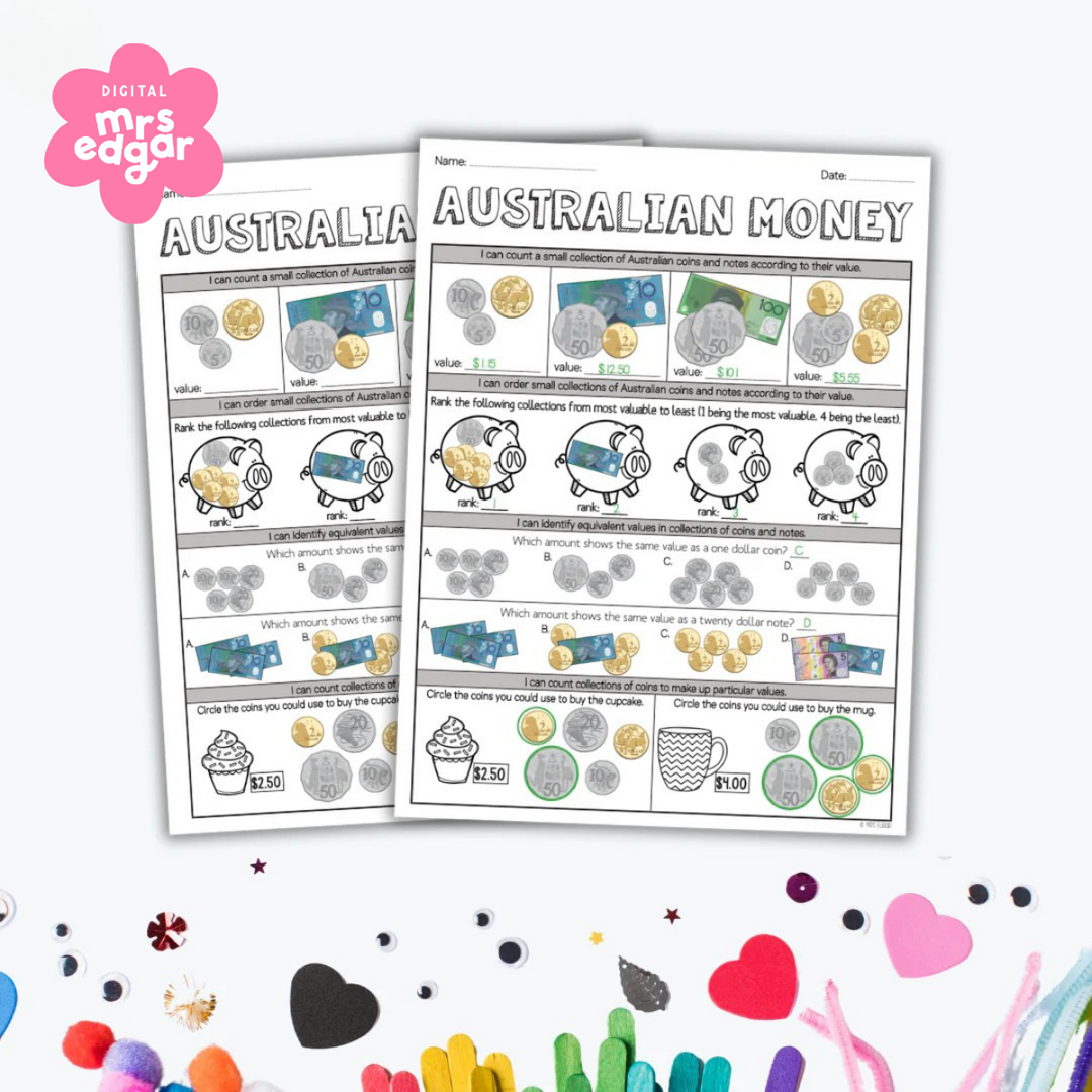 Black-and-white Australian money worksheets featuring coins and banknotes. Activities include counting money, ranking values, identifying equivalent amounts, and selecting coins to match prices of cupcakes and mugs.