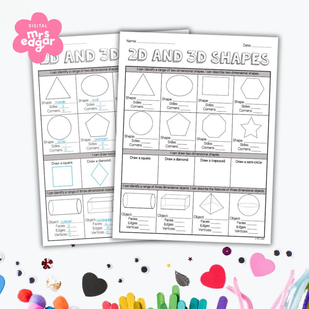 Two '2D and 3D Shapes' worksheets displayed with colourful craft materials in the background. The worksheets focus on identifying, describing, and drawing 2D shapes and 3D objects, helping students practise sides, corners, edges, faces, and vertices.
