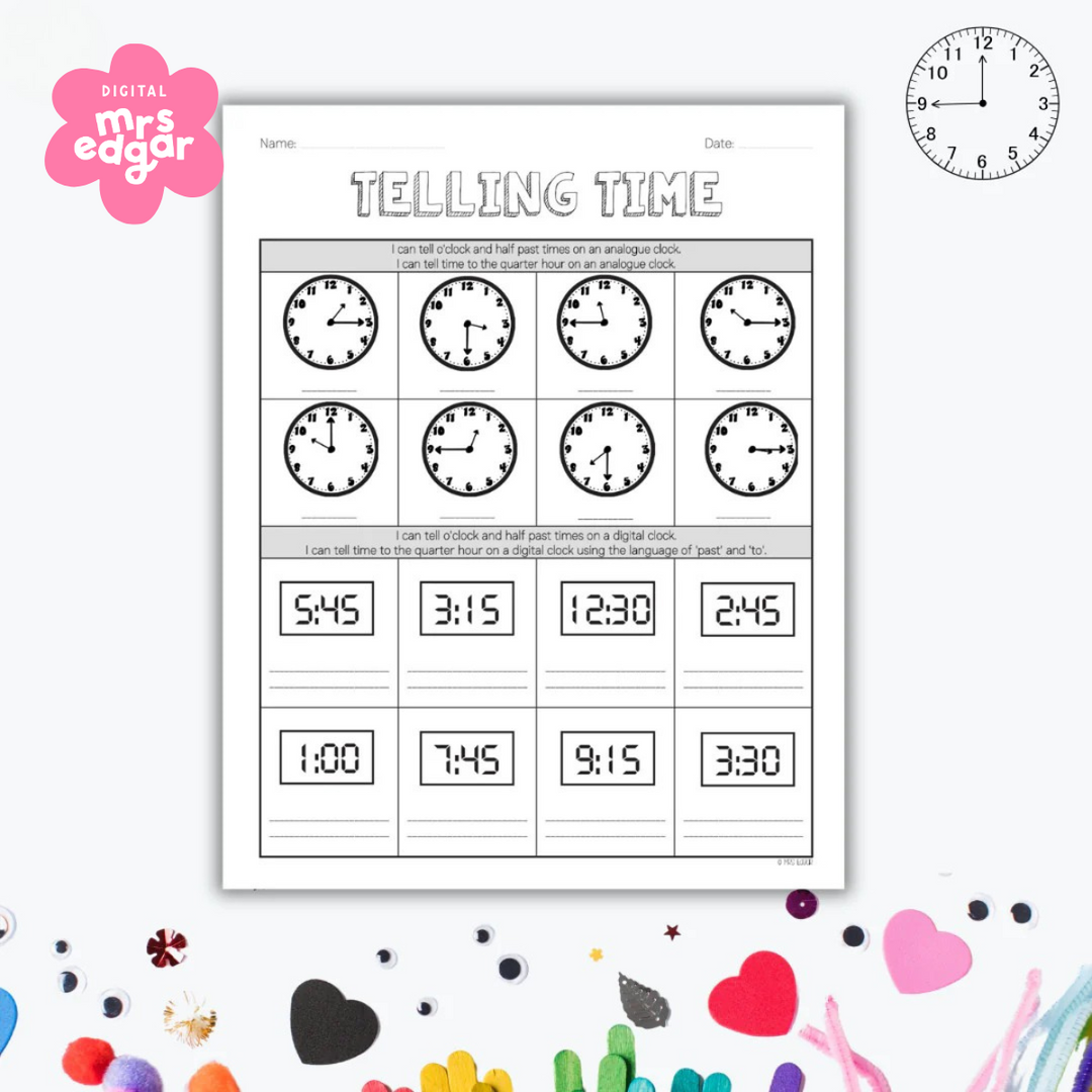Printable worksheets titled 'Telling Time' for Year 2 students. The sheet features analogue clocks with various times and spaces for students to write corresponding digital times, focusing on 'quarter past' and 'quarter to.' 