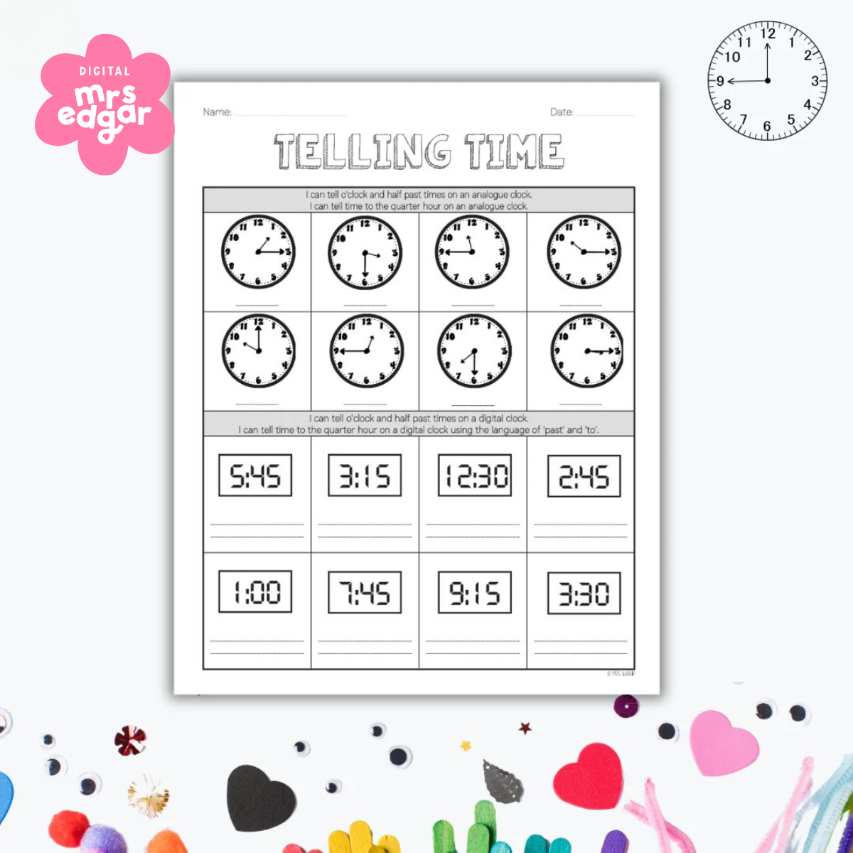 Printable worksheets titled 'Telling Time' for Year 2 students. The sheet features analogue clocks with various times and spaces for students to write corresponding digital times, focusing on 'quarter past' and 'quarter to.' 