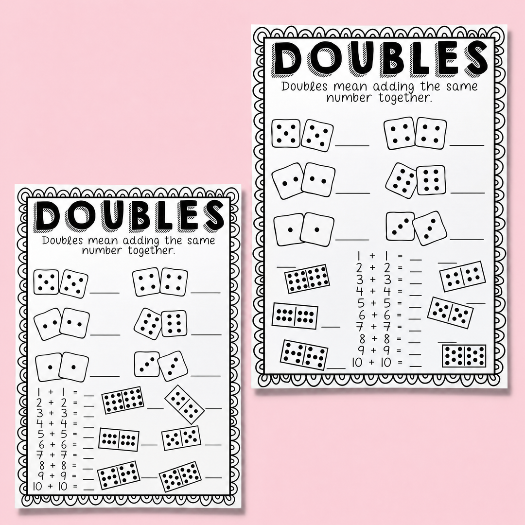 Black-and-white doubles worksheet featuring dice visuals, dominoes and simple doubles addition facts practice for early learners and kindergarten maths activities.

