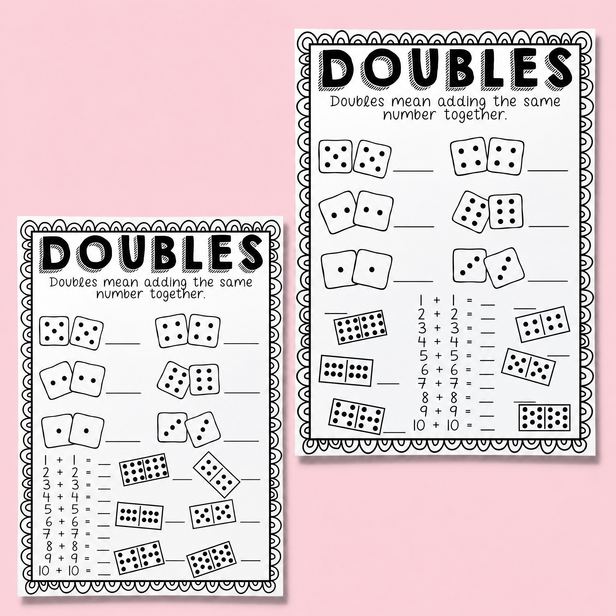 Black-and-white doubles worksheet featuring dice visuals, dominoes and simple doubles addition facts practice for early learners and kindergarten maths activities.
