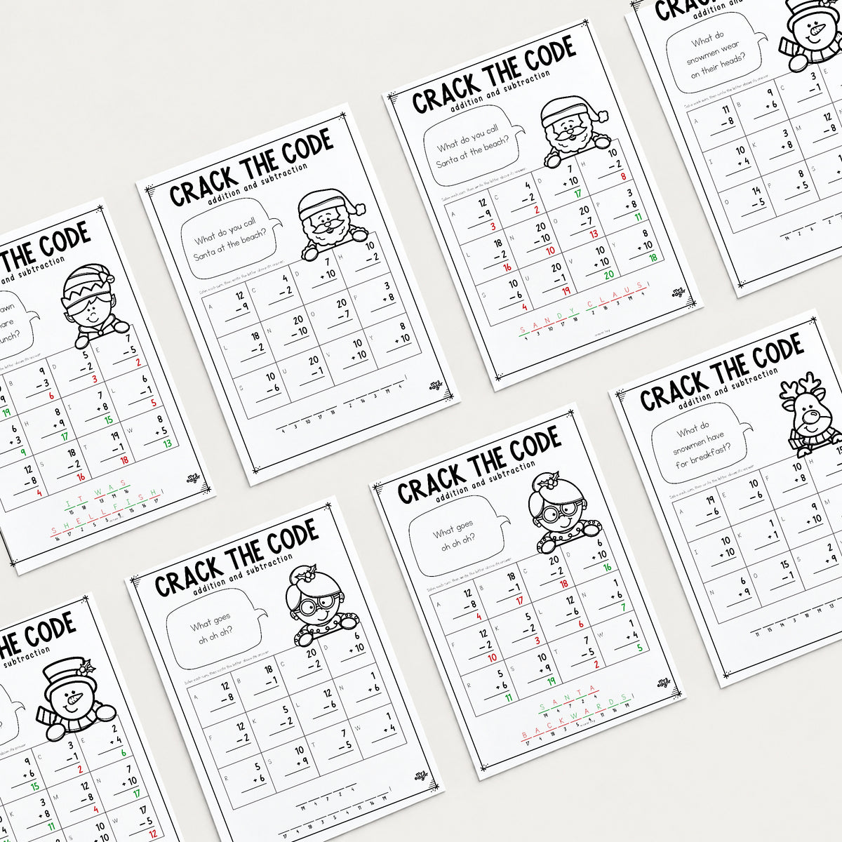 Eight Christmas Crack the Code Year 1 worksheets and answer keys laid out in a grid