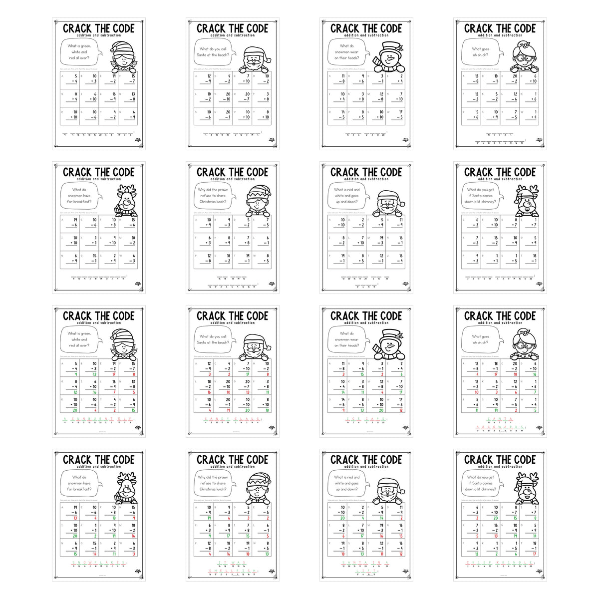 Christmas Crack the Code Year 1 — all sixteen pages: eight crack-the-code sheets and eight answer keys.