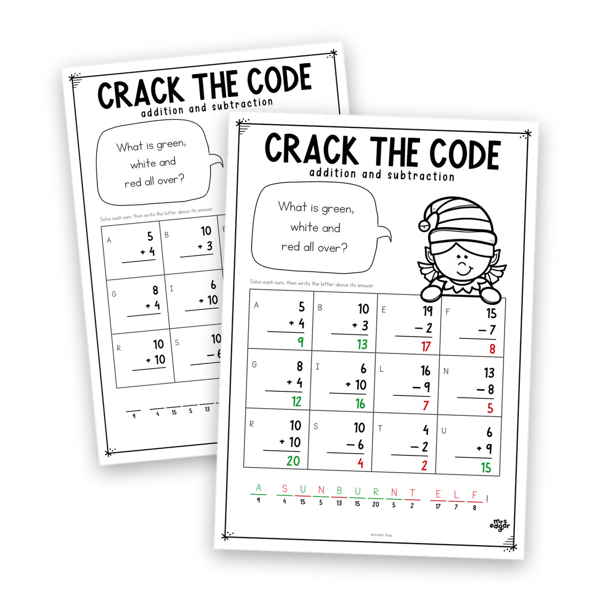 Christmas Crack the Code Year 1 — a crack-the-code sheet with its matching answer key.