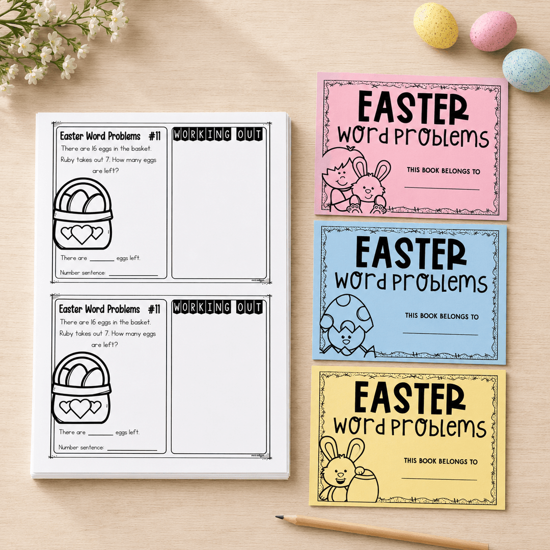 Easter word problems for Year 1 — styled cover of the printable Easter maths task card pack with working-out space