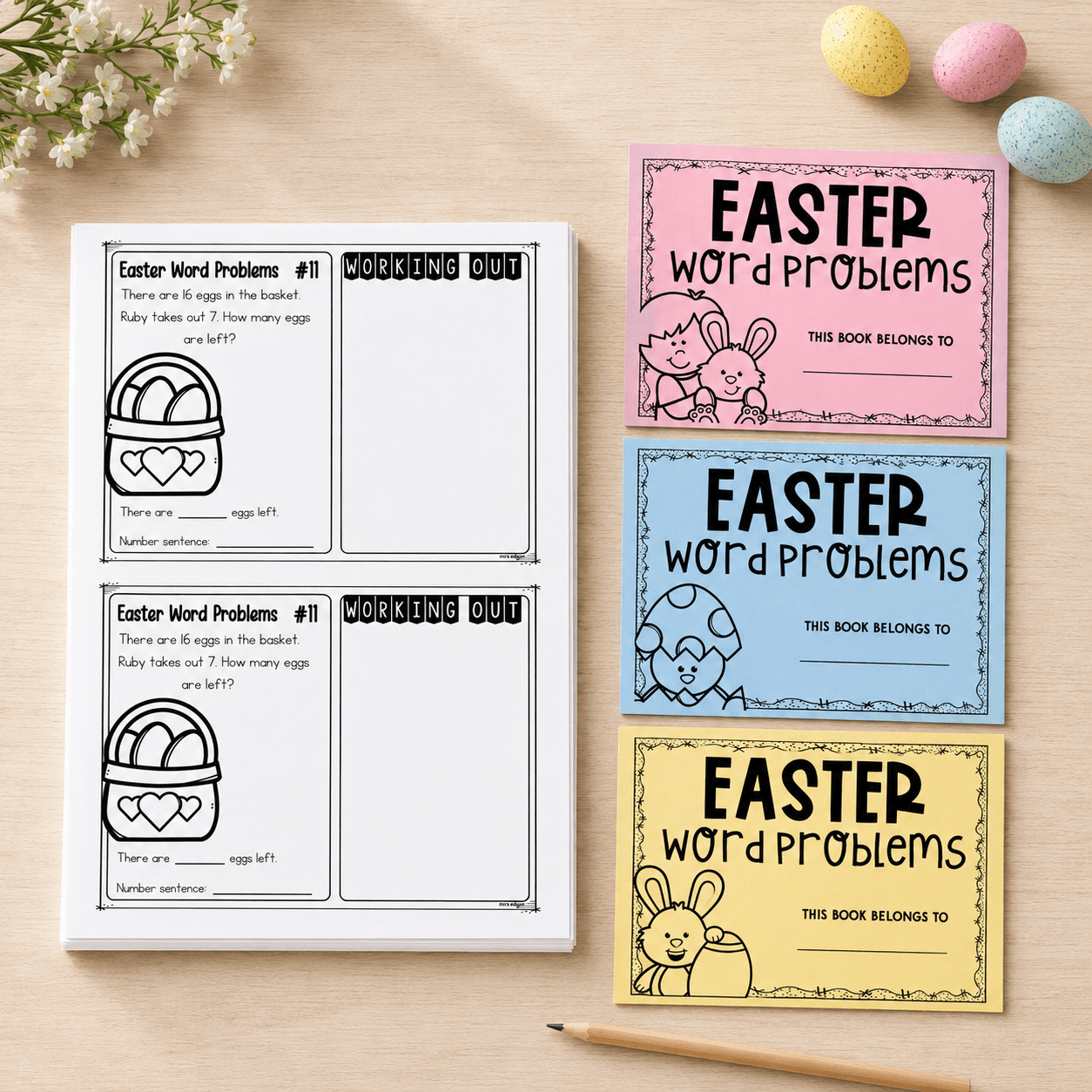 Easter word problems for Year 1 — styled cover of the printable Easter maths task card pack with working-out space
