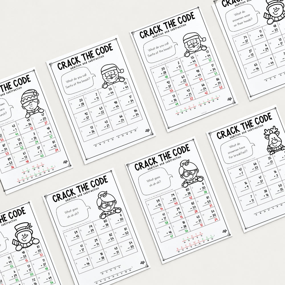 Eight Christmas Crack the Code Year 2 worksheets and answer keys laid out in a grid