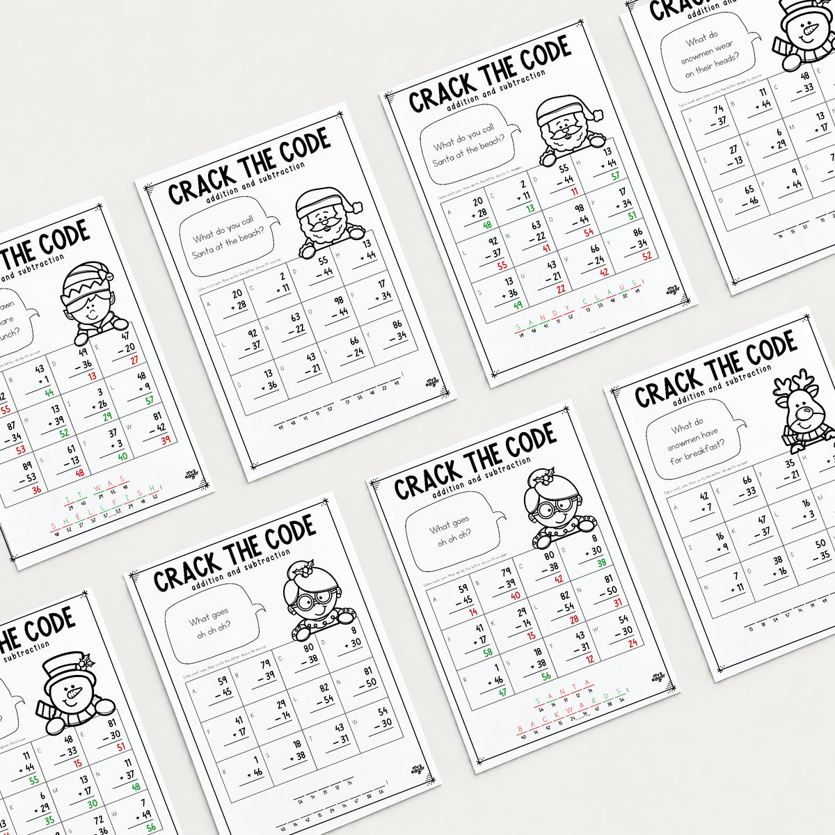 Eight Christmas Crack the Code Year 2 worksheets and answer keys laid out in a grid