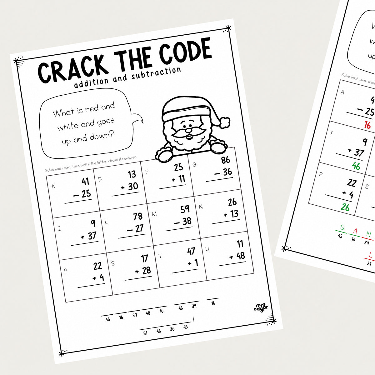 A Christmas Crack the Code Year 2 worksheet with its answer key behind