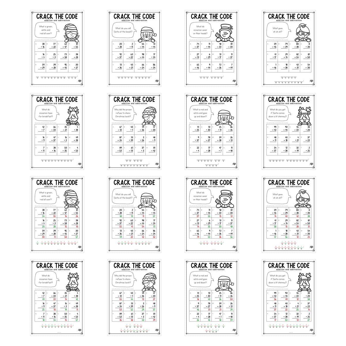Christmas Crack the Code Year 2 — all sixteen pages: eight crack-the-code sheets and eight answer keys.