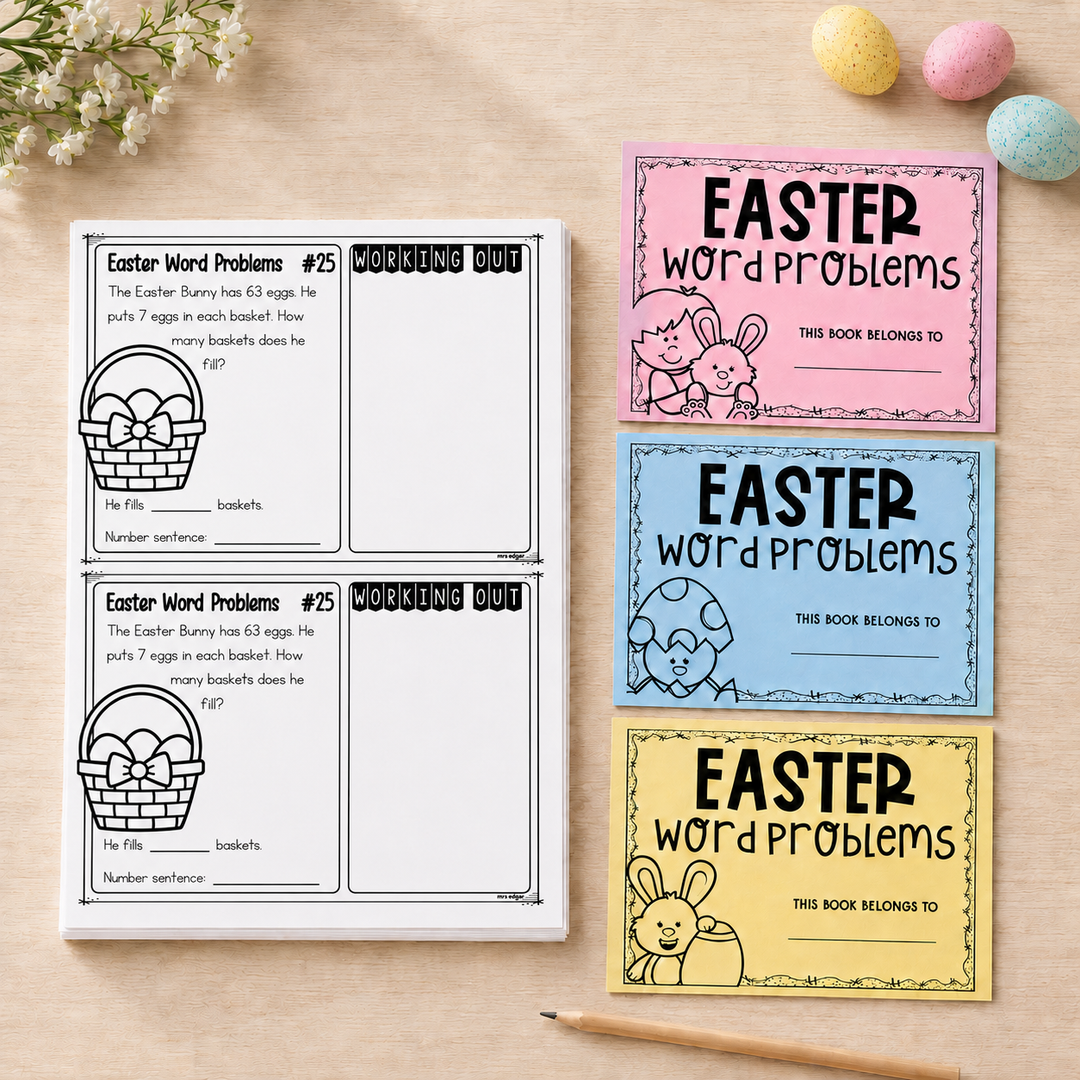 Easter word problems for Year 2 — styled cover of the printable Easter maths task cards covering all four operations