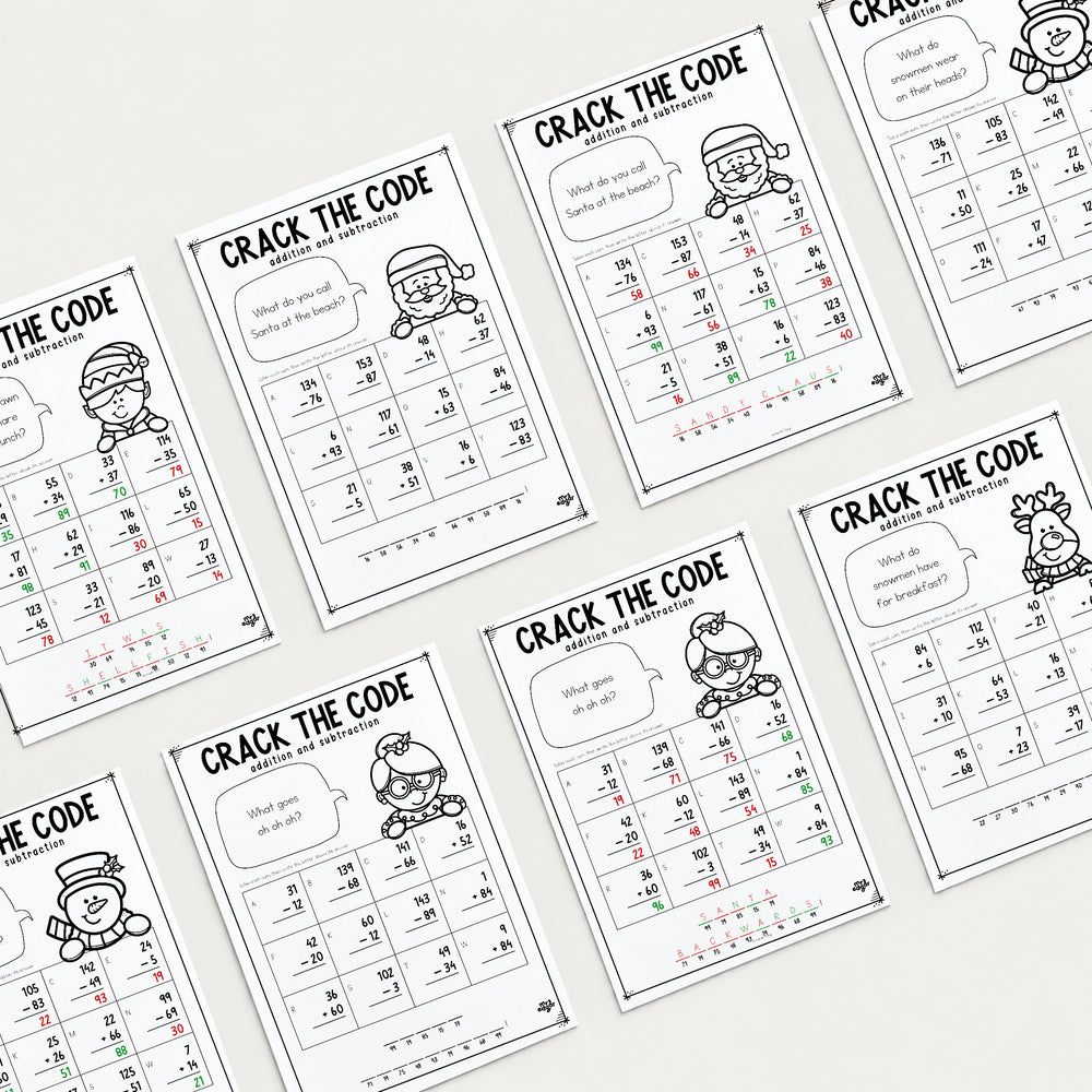 Eight Christmas Crack the Code Year 3 worksheets and answer keys laid out in a grid