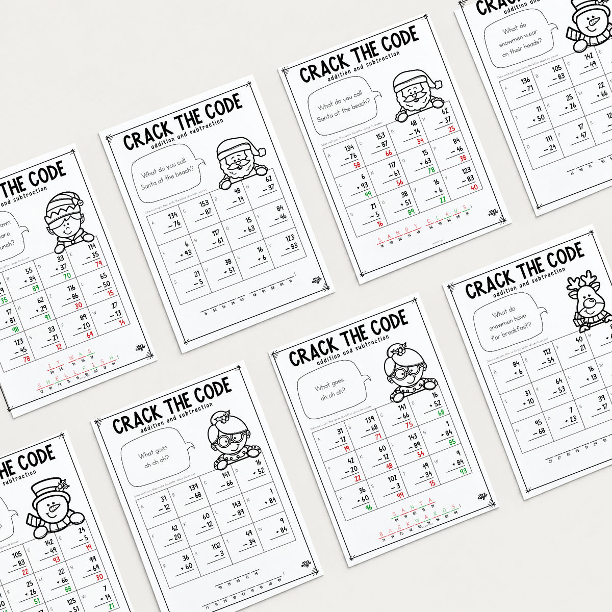 Eight Christmas Crack the Code Year 3 worksheets and answer keys laid out in a grid