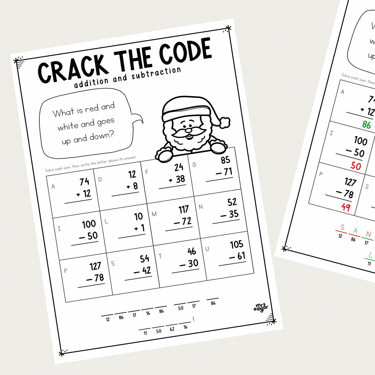 A Christmas Crack the Code Year 3 worksheet with its answer key behind