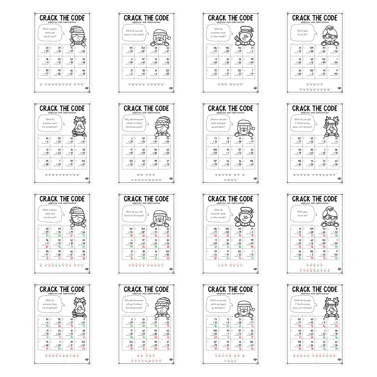 Christmas Crack the Code Year 3 — all sixteen pages: eight crack-the-code sheets and eight answer keys.