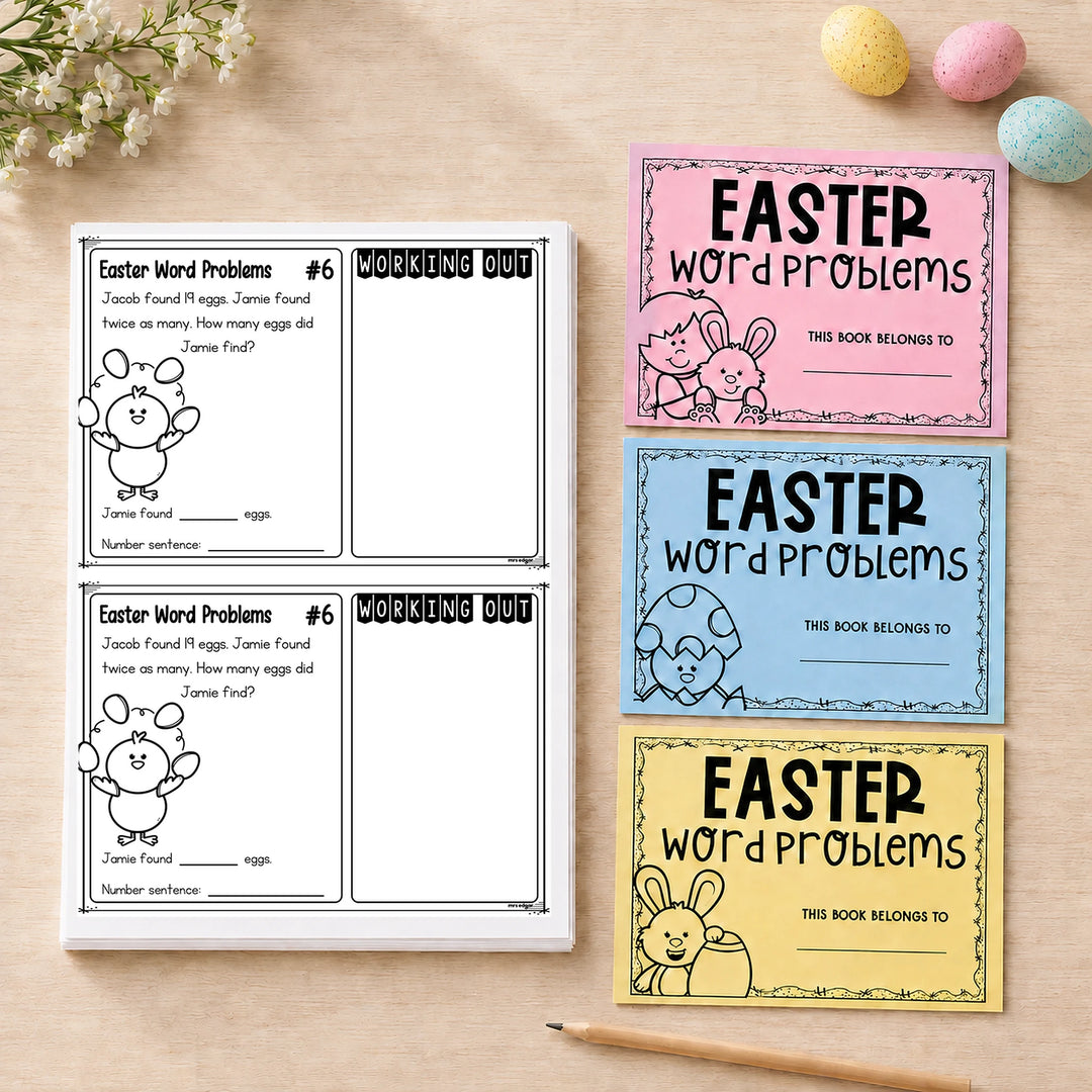 Easter word problems for Year 3 — styled cover of the printable multi-step Easter maths task card pack