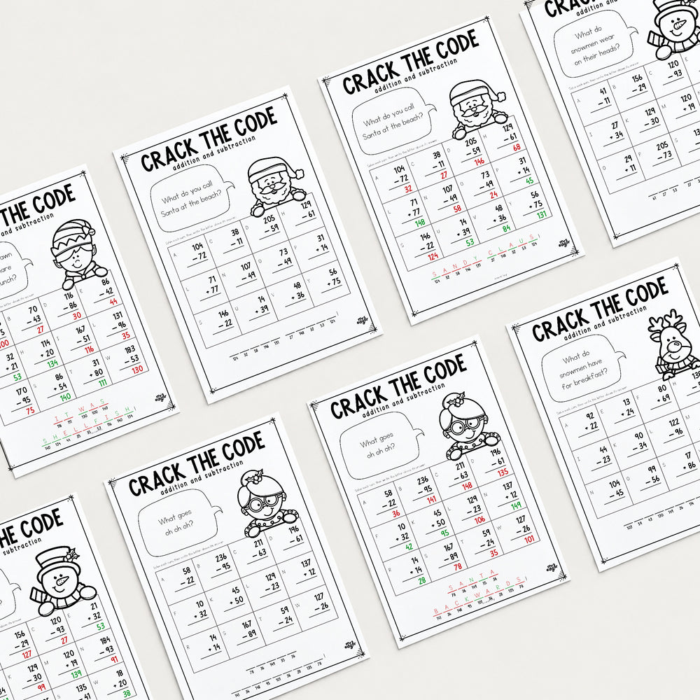 Eight Christmas Crack the Code Year 4 worksheets and answer keys laid out in a grid