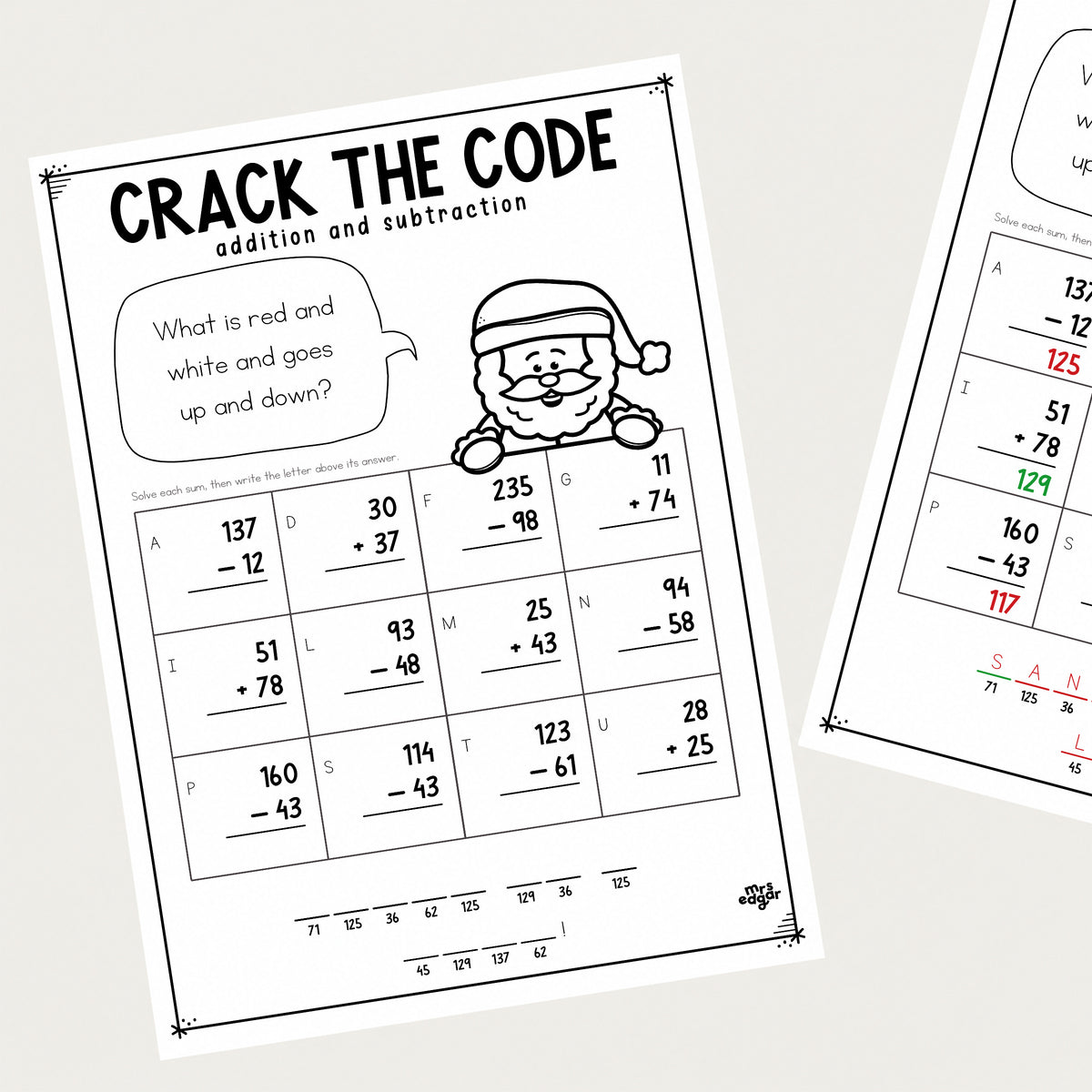 A Christmas Crack the Code Year 4 worksheet with its answer key behind