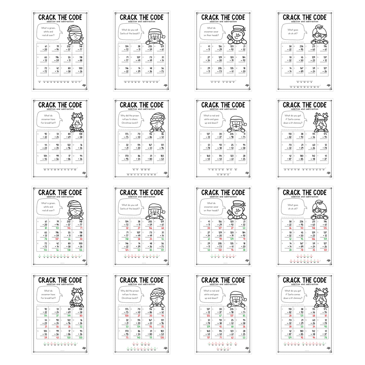 Christmas Crack the Code Year 4 — all sixteen pages: eight crack-the-code sheets and eight answer keys.