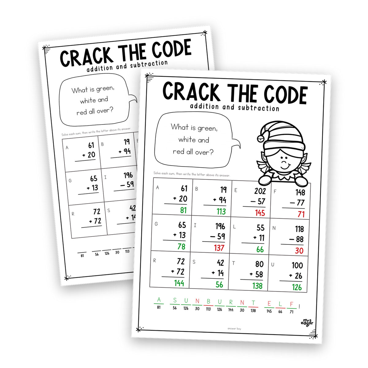 Christmas Crack the Code Year 4 — a crack-the-code sheet with its matching answer key.