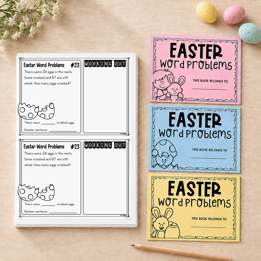 Easter word problems for Year 4 — styled cover of the printable Easter maths task cards with money and time problems