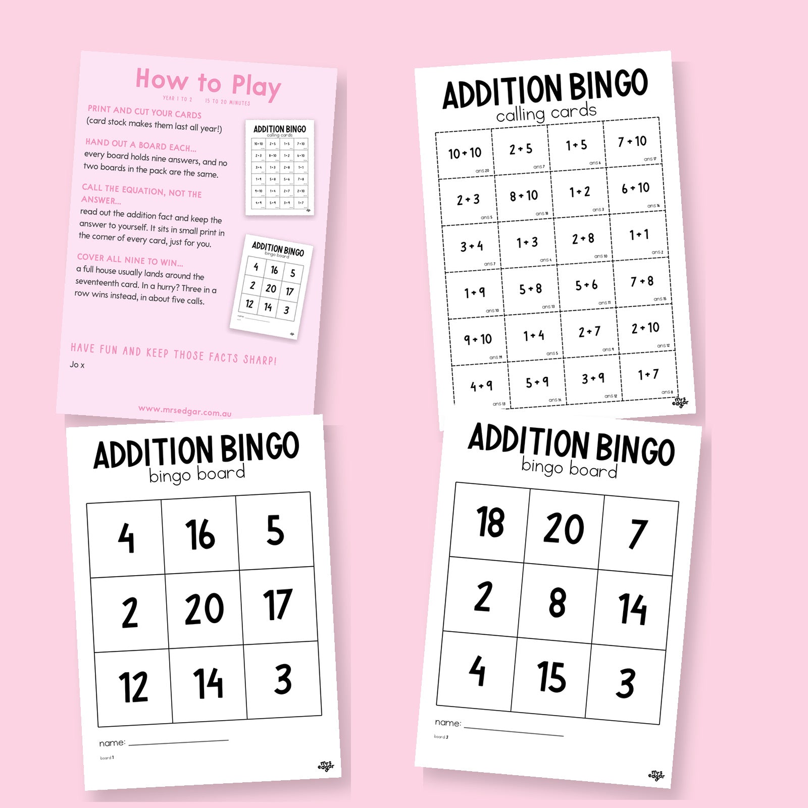 Addition Bingo Game | Addition to 20 | Years 1–2 Maths