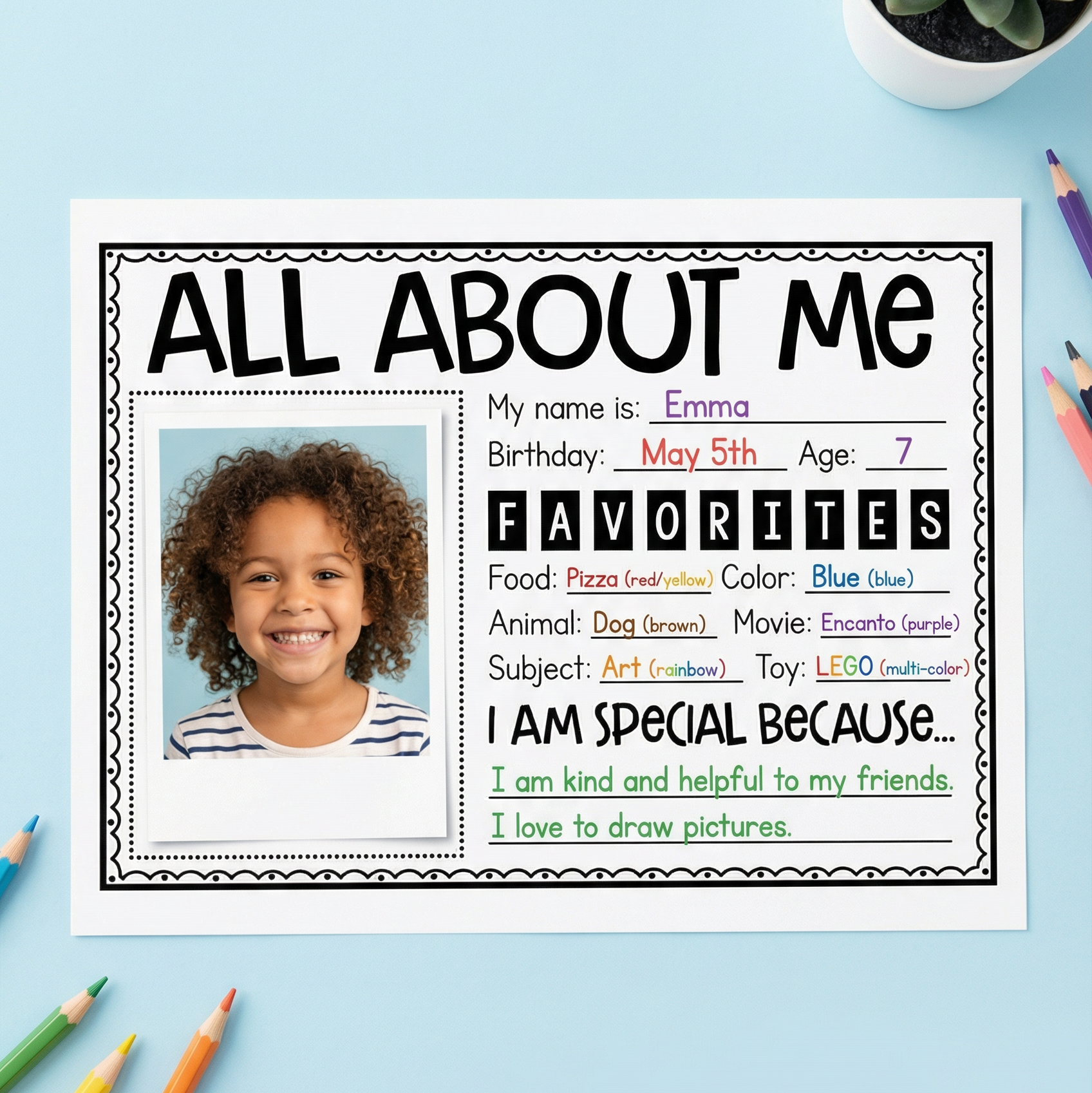 Children's 'All About Me' poster with a photo of a smiling child on a blue background with colorful pencils.