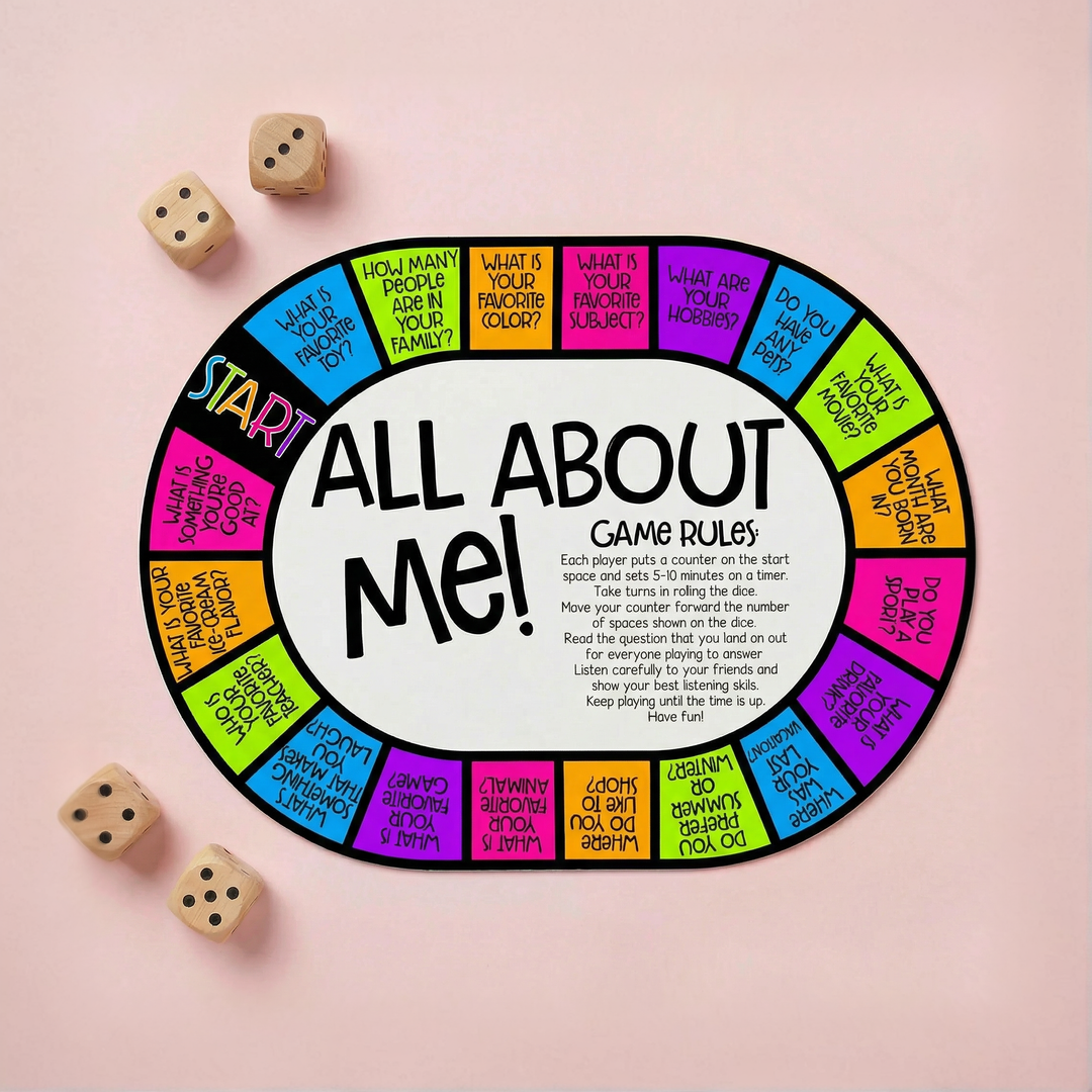 Colorful “All About Me” board game with a circular path of question prompts, a “Start” space, and game rules in the center, surrounded by dice on a soft pastel background