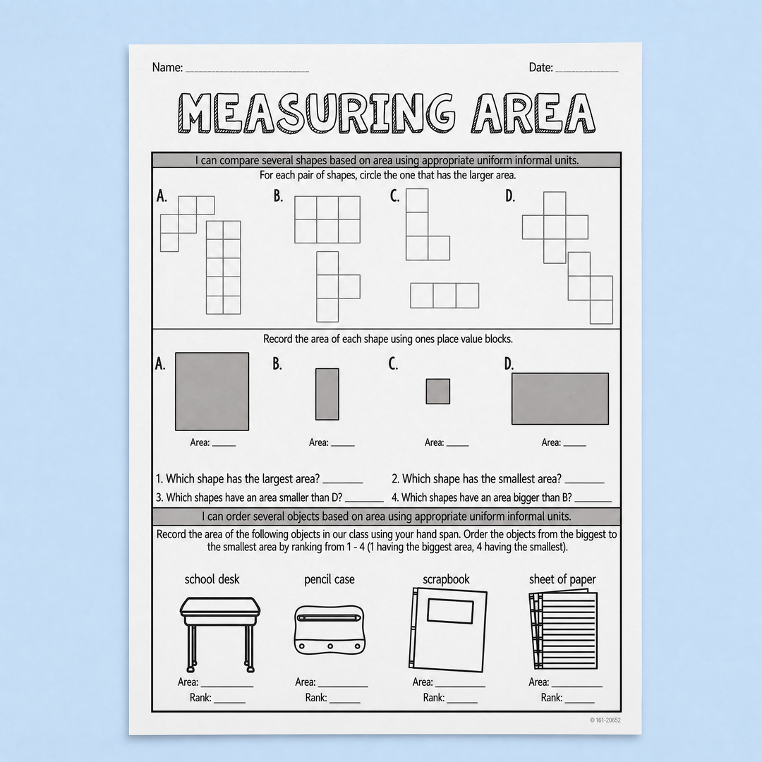 Printable measuring area worksheet designed to help primary students compare and estimate area using informal units. Includes hands-on maths activities for comparing shapes, recording area, ordering objects by size, and developing early measurement skills. Ideal for Year 1, Year 2 and Year 3 maths lessons, small groups, homework, maths rotations, assessment tasks, and homeschool learning. Supports understanding of area, spatial reasoning, problem solving, and foundational geometry concepts in an engaging pr