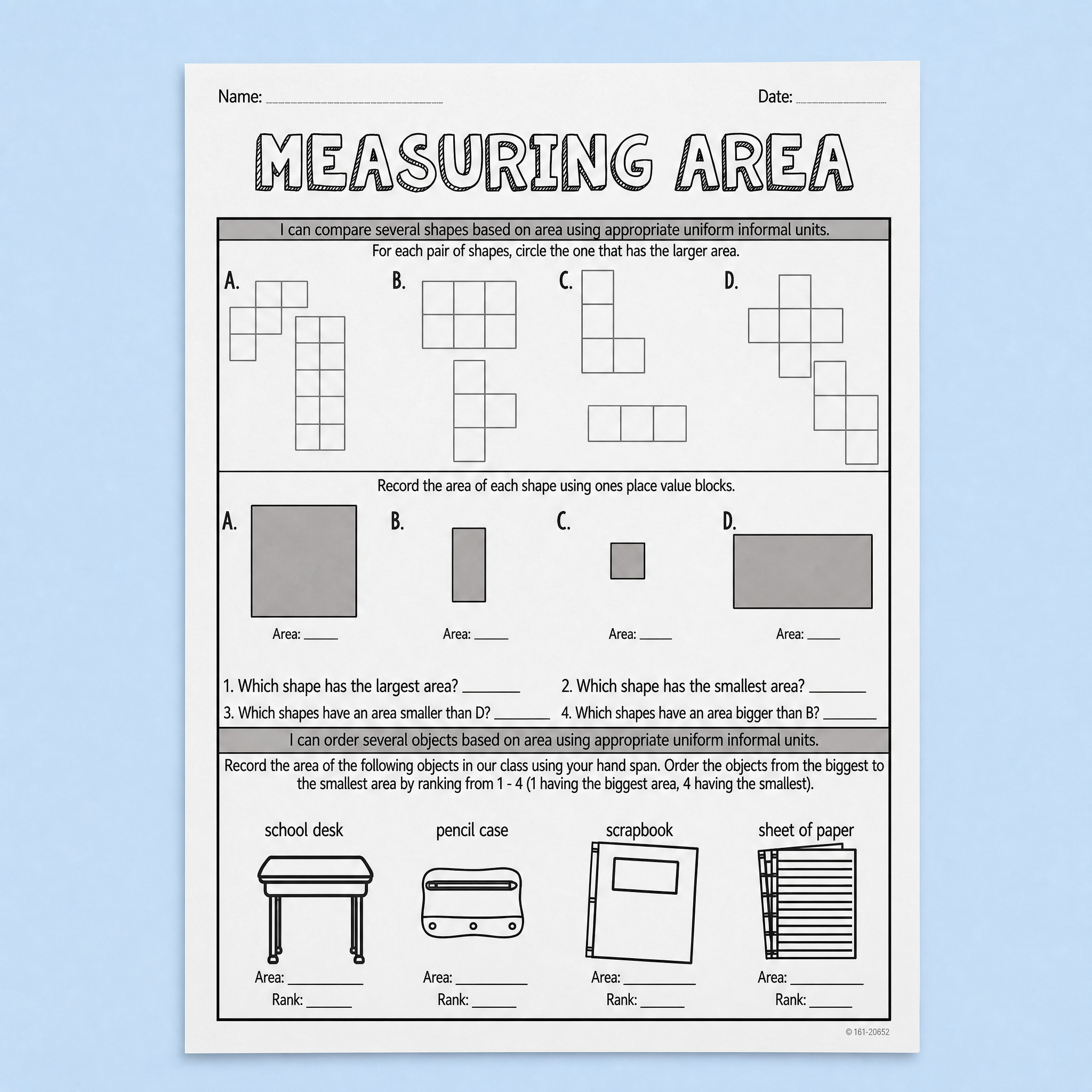 Printable measuring area worksheet designed to help primary students compare and estimate area using informal units. Includes hands-on maths activities for comparing shapes, recording area, ordering objects by size, and developing early measurement skills. Ideal for Year 1, Year 2 and Year 3 maths lessons, small groups, homework, maths rotations, assessment tasks, and homeschool learning. Supports understanding of area, spatial reasoning, problem solving, and foundational geometry concepts in an engaging pr