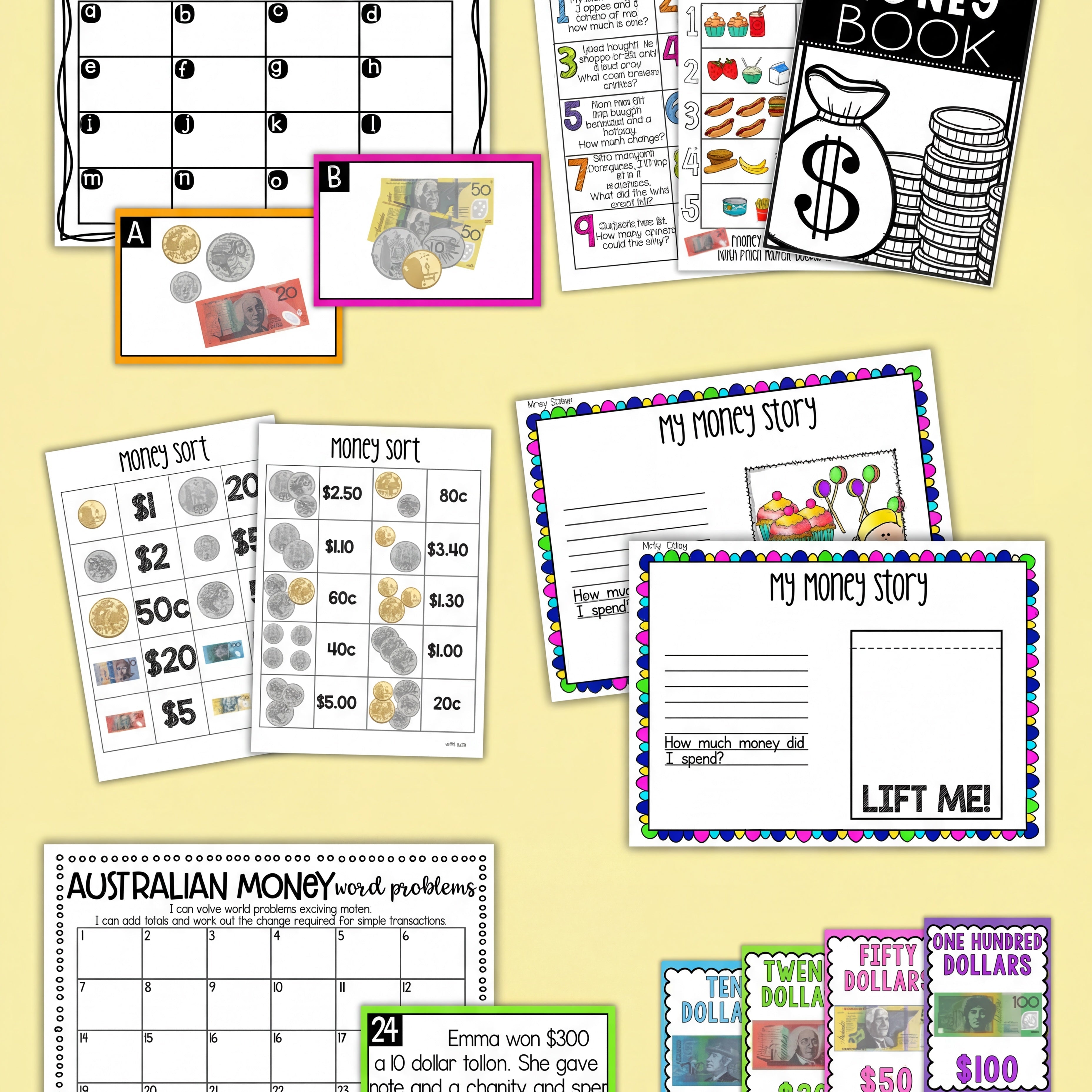 A compilation of Australian money-themed educational resources, including sorting activities, word problems, and counting practice.
