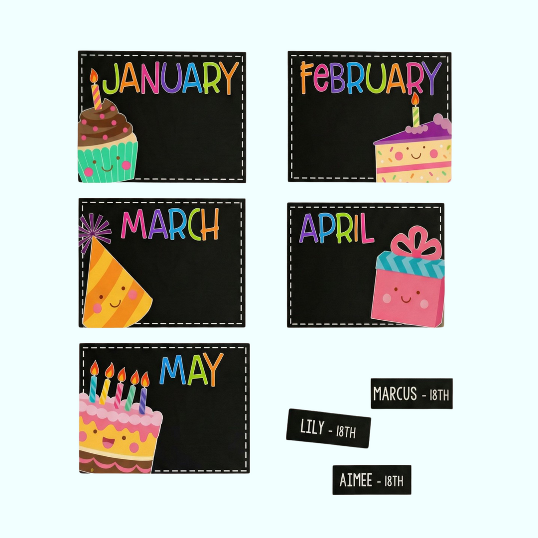 A set of chalkboard-style birthday display cards for each month, including cheerful graphics like cupcakes, cakes, and gifts, along with name tags such as 'Lily - 18th' and 'Ellie - 18th.