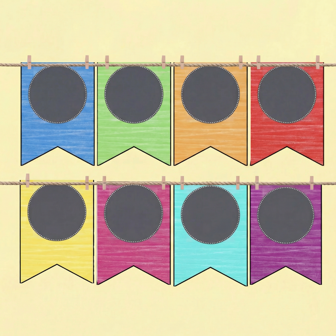 Set of colourful classroom banner flags with chalkboard-style circles, displayed on a string, suitable for student names or classroom displays