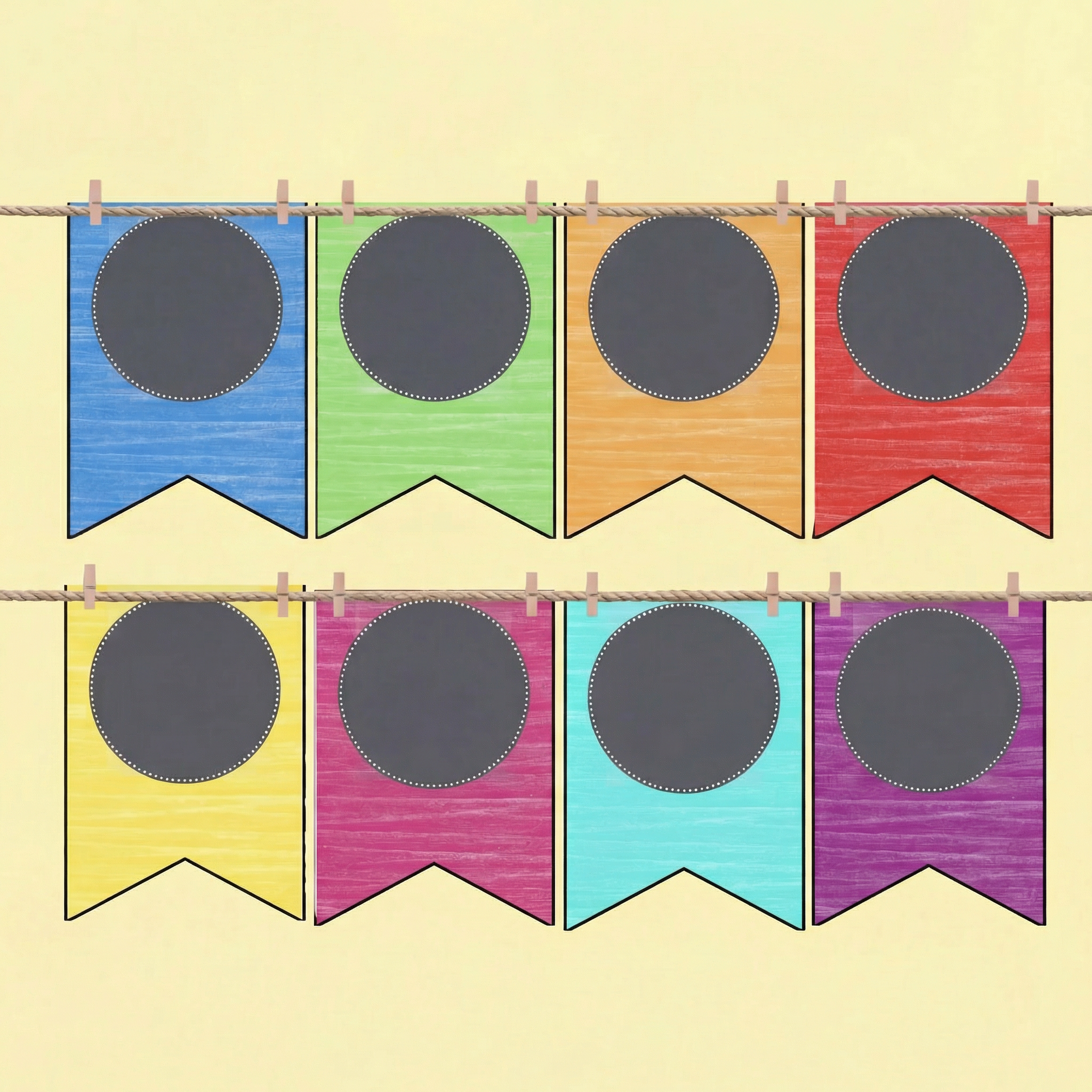 Set of colourful classroom banner flags with chalkboard-style circles, displayed on a string, suitable for student names or classroom displays