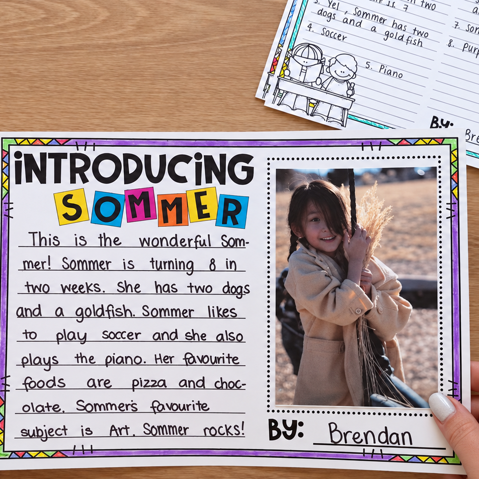 A completed Introducing Sommer classmate interview writing page with a student photo