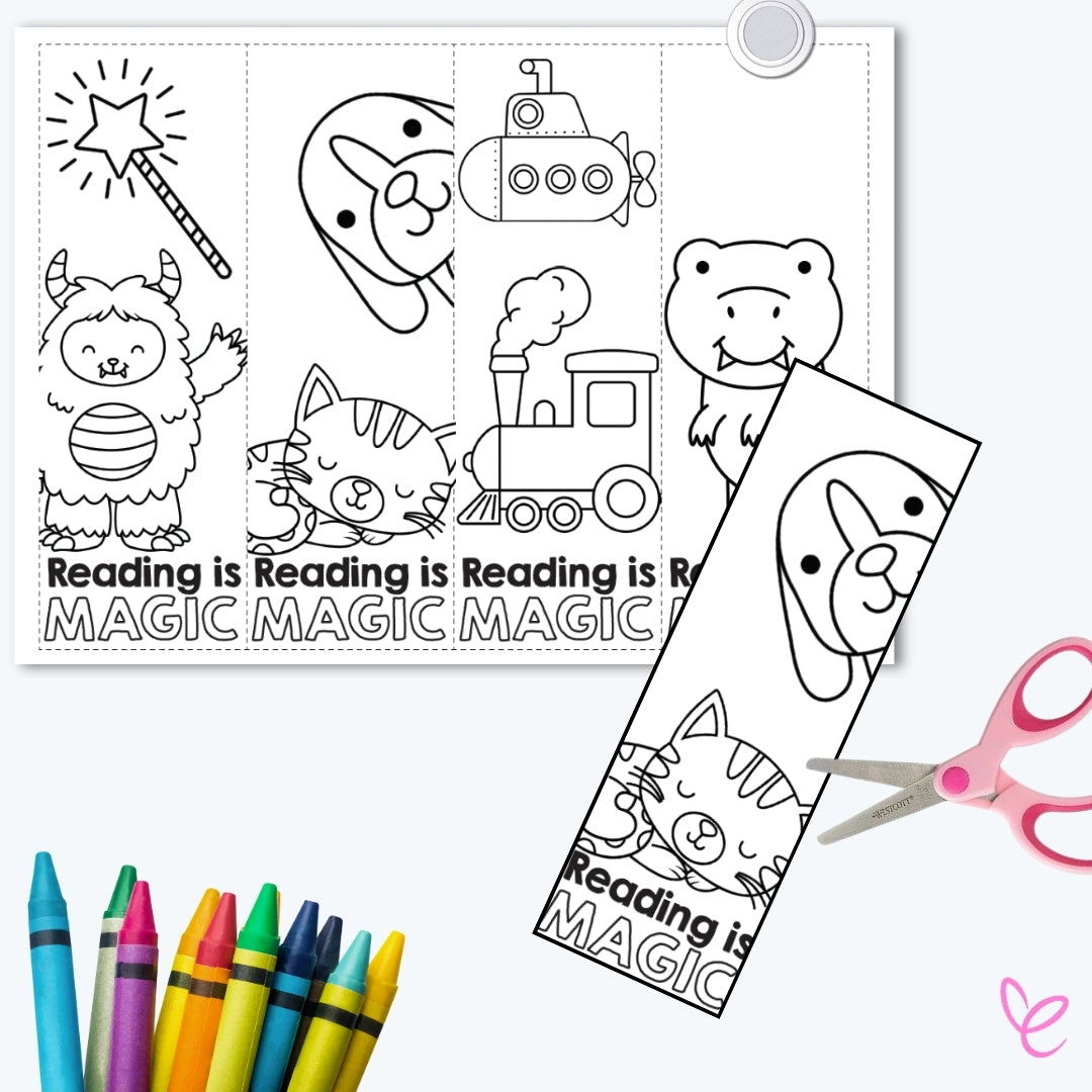 Printable 'Reading is Magic' bookmarks with fun illustrations such as a monster, cat, submarine, train, and hippo, ready for students to colour.