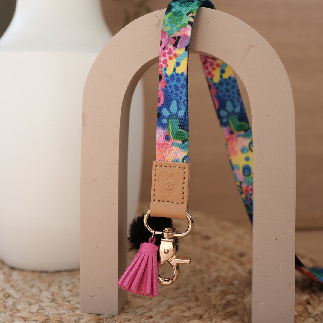 Boom teacher lanyard by Kasey Rainbow full length, gold breakaway clasp, black pom pom and hot pink tassel