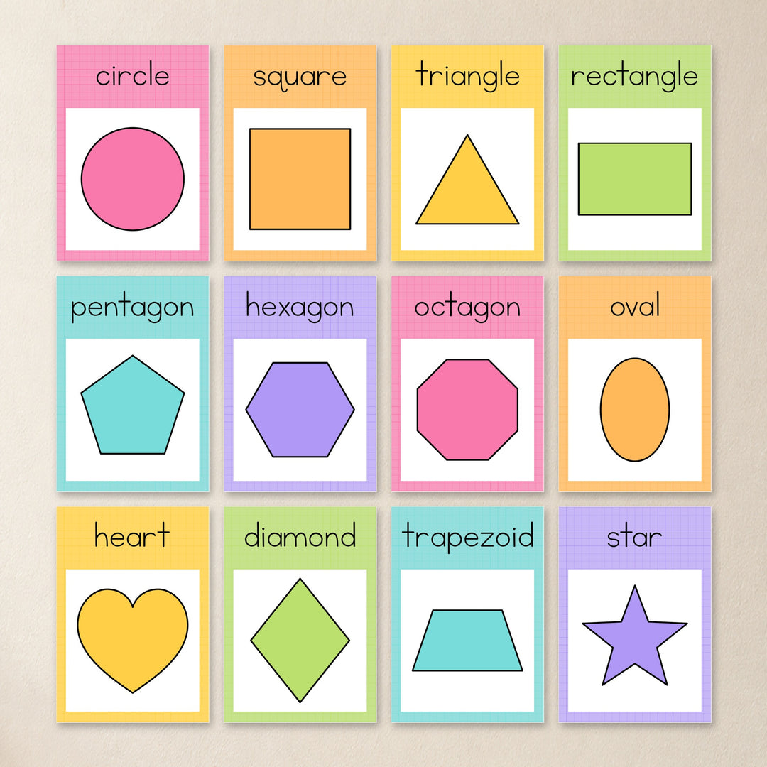 2D shape posters showing 12 shapes, Bright colours