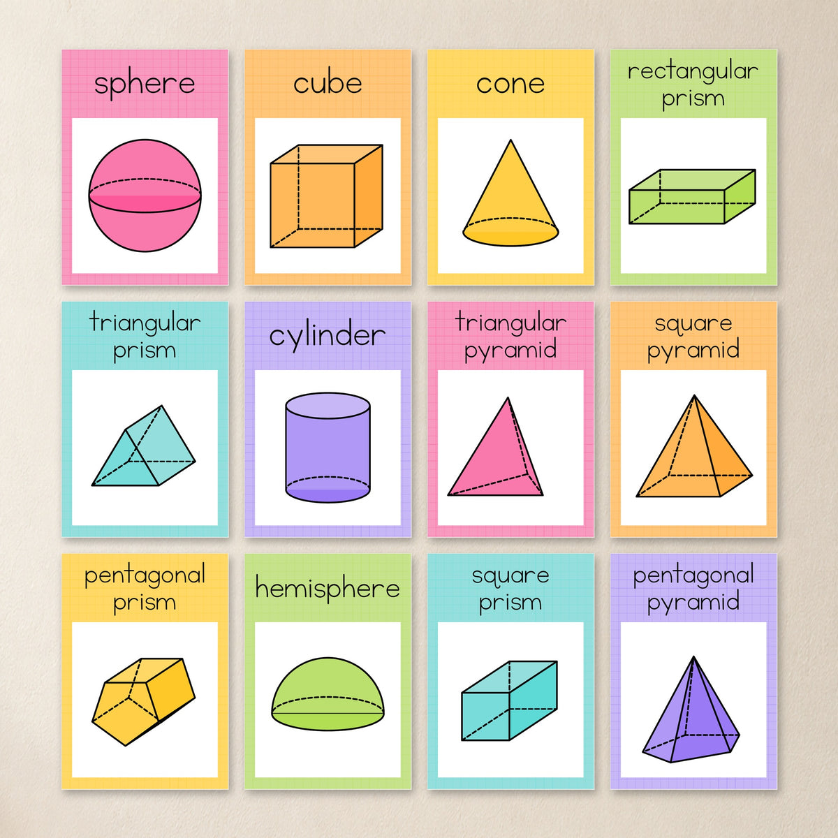 3D object posters showing 12 objects, Bright colours