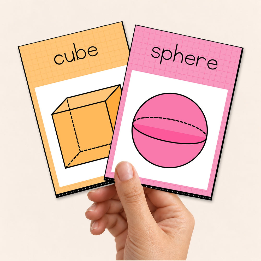 Two 3D object flashcards held in hand, Bright colours
