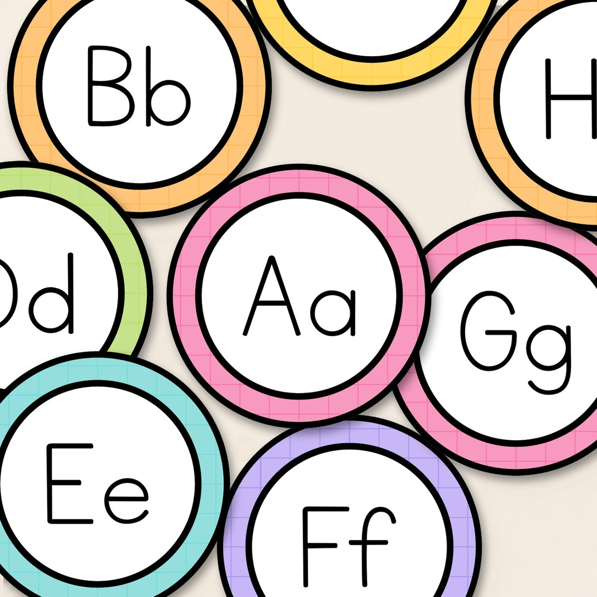 Cut-out alphabet circles ready for an alphabet line, Bright colours