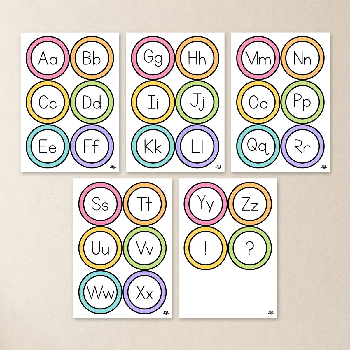 All pages of the A to Z alphabet circles, Bright colours