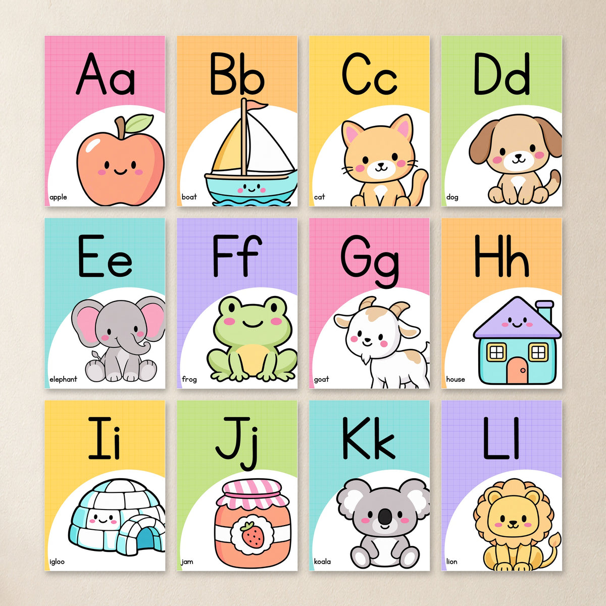 Circle alphabet posters A to L, Bright colours