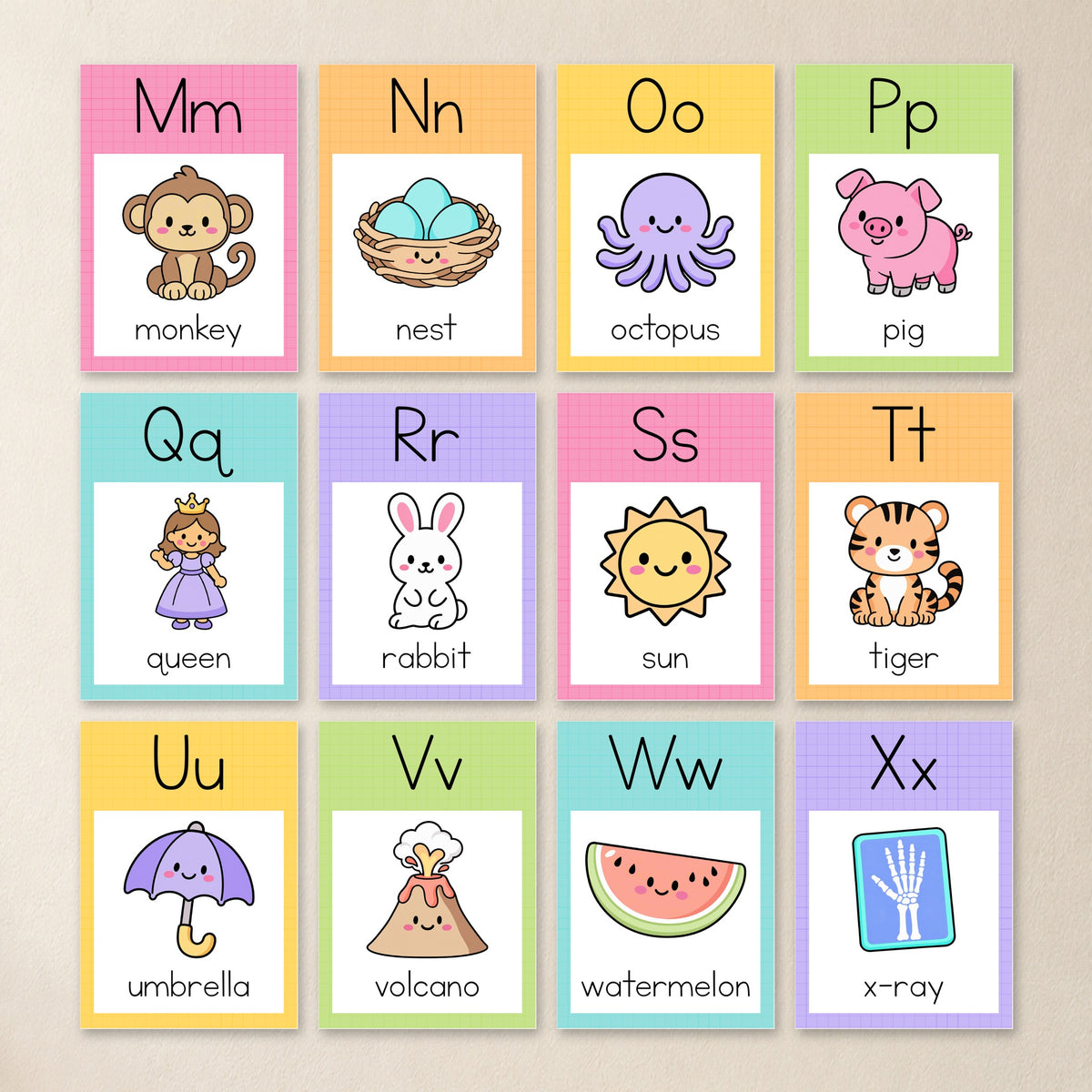 Squared panel alphabet posters M to X, Bright colours