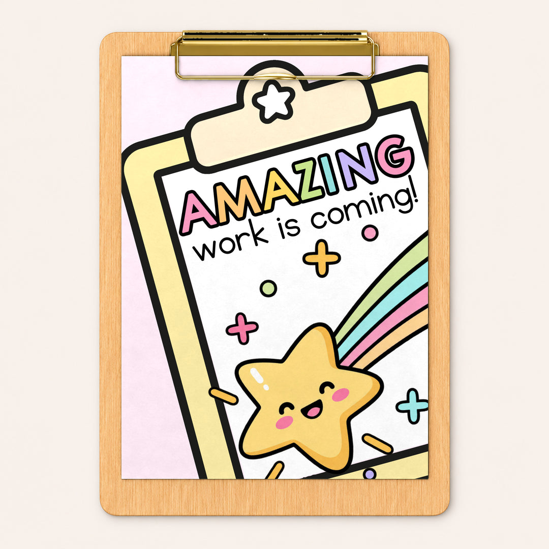 Amazing Work Coming Soon shooting star poster on a clipboard, Bright colours